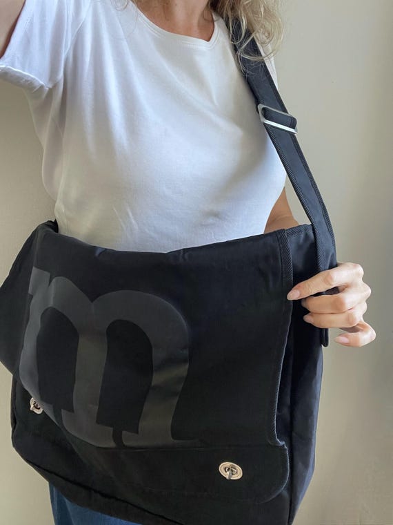 Marimekko Black Messenger Bag, Large Nylon Shoulder Bag Made in