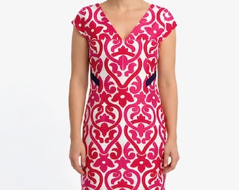 Pink Geometric Print Sheath Dress, Vintage My Olsson Shift Dress, Retro Scandinavian Style