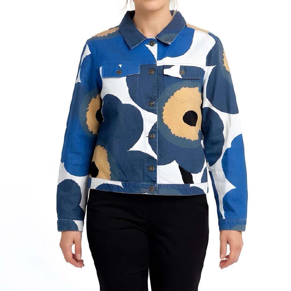 ヴィンテージ MARIMEKKO Unikko デニム ジャケット、ブルー ポピー