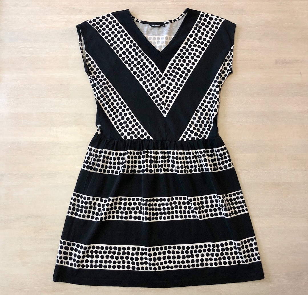 MARIMEKKO Black and White Polka Dot Striped Vintage Dress, Shift Dress
