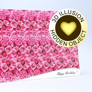 Roses, Happy Birthday – 3D Stereogram Optical Illusion Greeting Card with Envelope