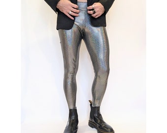 Diamond Legs Leggings Holographic Silver on Black (Mens Leggings, Festival Pants, Spandex)
