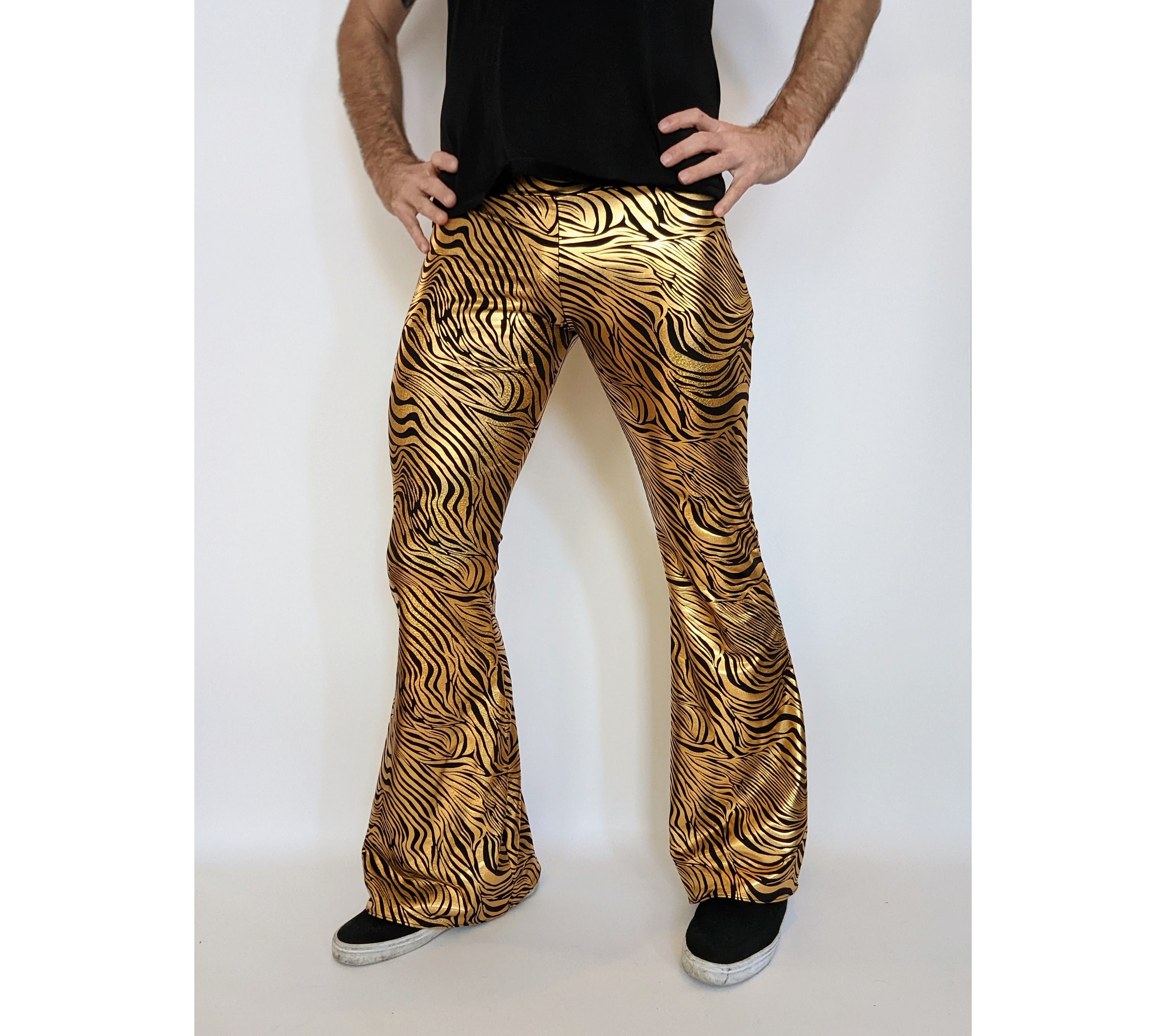 Party Animal: Gold Zebra Hologram (Flared Leggings, Festival Pants,  Mystique Spandex)
