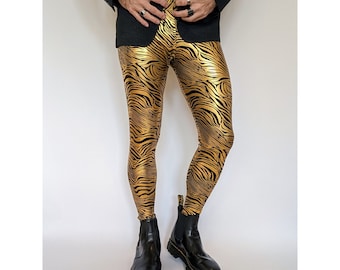 Party Animal Leggings Gold Zebra (Mens Leggings, Festival Pants, Spandex)