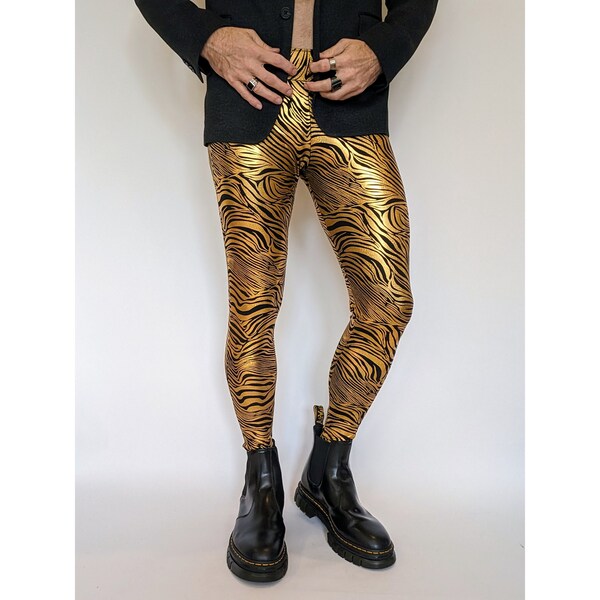 Party Animal Leggings Gold Zebra (Mens Leggings, Festival Pants, Spandex)