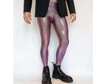 Mr. Sparkle Leggings Gold on Light Purple (Mens Leggings, Festival Pants, Spandex)