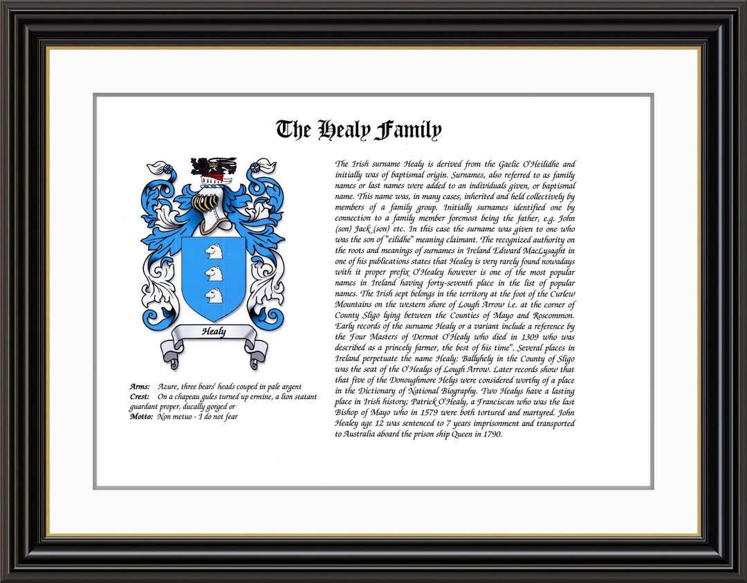 Healy Family Coat of Arms and Family History Print Etsy