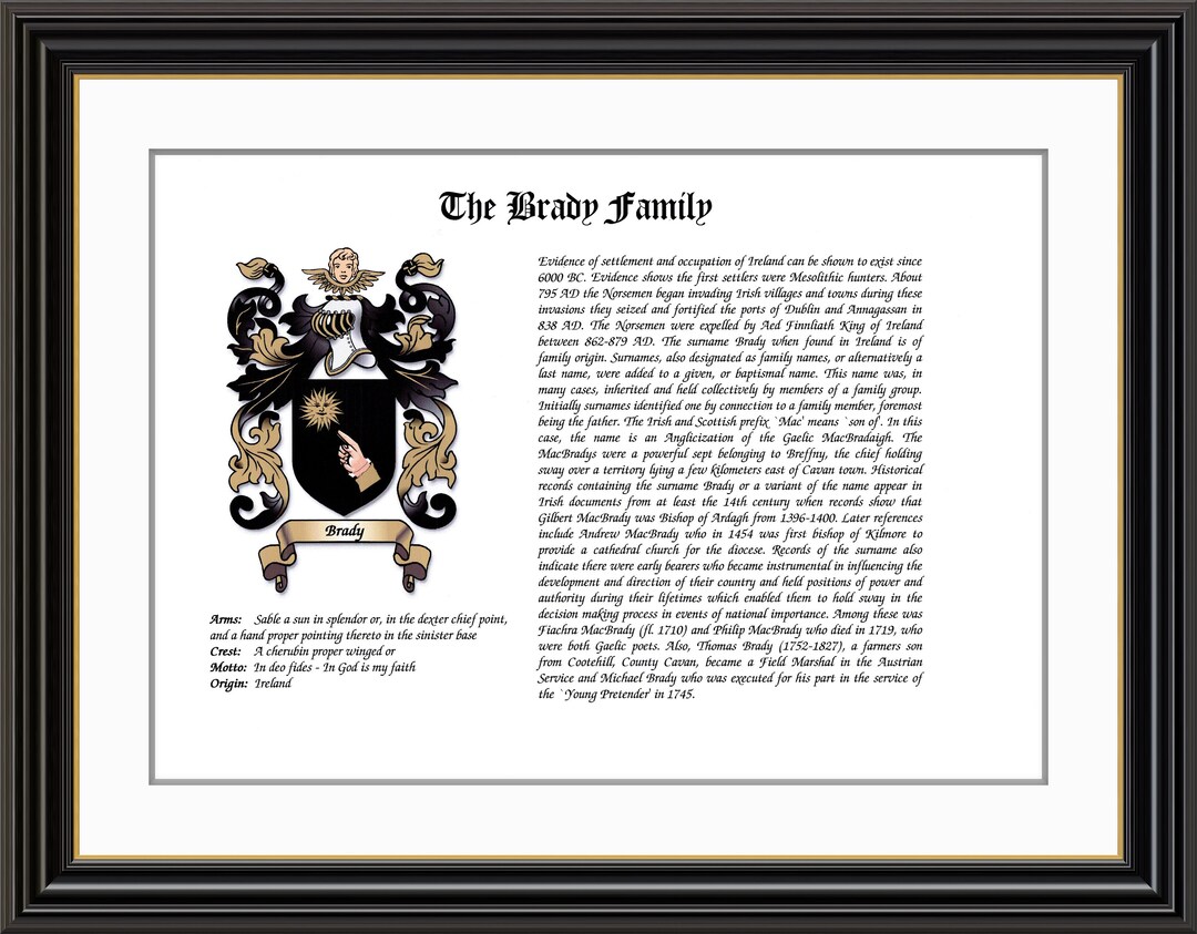 Brady Family Coat of Arms and Family History Print Etsy
