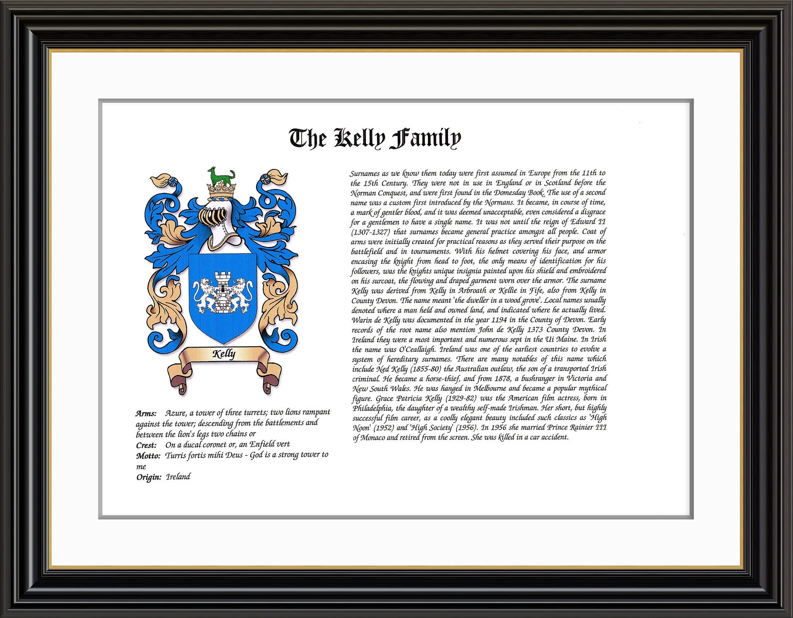 Kelly Family Coat of Arms and Family History Print Etsy