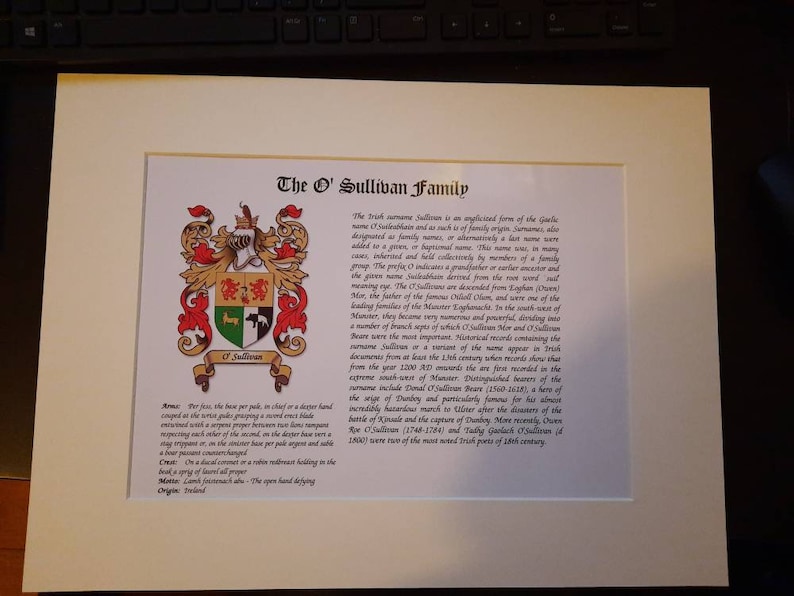 O' Sullivan Coat of Arms and Family Surname History Print. Etsy