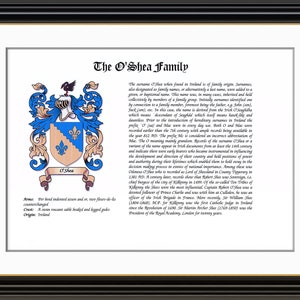 O&#39;Shea Family Coat of Arms and Family Surname History Print