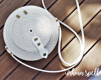 Natural Handwoven Round Rattan+Atta Bag – White Color with Ellipse Shape