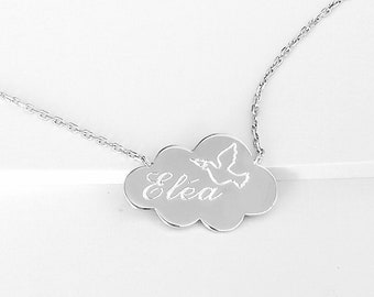 Collier personnalisé argent sterling 925 fille nuage Cadeau baptême ou premier communion avec gravure Colombe et prénom