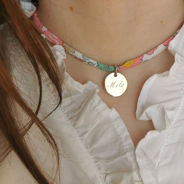 Collier personnalisé plaqué or avec gravure prénom cordon liberty Cadeau personnalisé pour baptême ou anniversaire fille