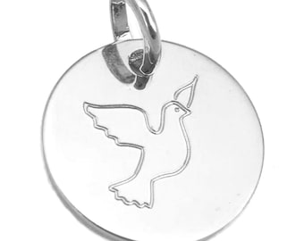 Médaille personnalisée de baptême argent massif 15 mm gravure Colombe Cadeau unique pour baptême ou première communion