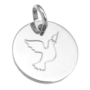 Personalisierte Taufmedaille aus Sterlingsilber, 15 mm, Taubengravur. Einzigartiges Geschenk zur Taufe oder Erstkommunion
