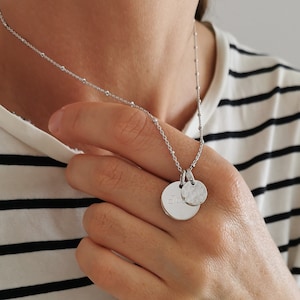 Personalized solid silver double medallion necklace with engraving small hammered medallion unique birthday gift for women