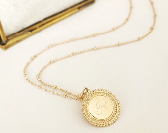 Custom Gold Plated Necklace Medal Beaded Tower Initials Engraved Gift for Woman Valentine's Day