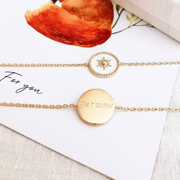 Bracelet personnalisé fait main en plaqué or avec gravure Cadeau de Noël anniversaire mariage naissance pour femme