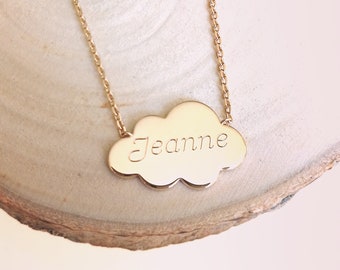 Collier personnalisé plaqué or pour femme ou fille Pendentif nuage avec gravure Cadeau pour femme fille ado Baptême Anniversaire Naissance