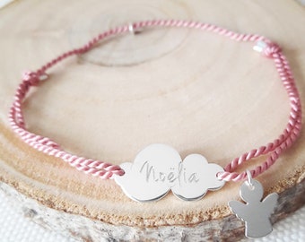 Bracelet personnalisé Argent 925 Prénom gravé Nuage avec breloque Ange  Femme ou fille Cadeau baptême naissance ou anniversaire