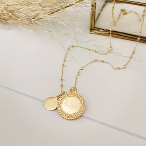 Personalized gold plated double medal necklace with engraving unique gift for women birthday wedding birth