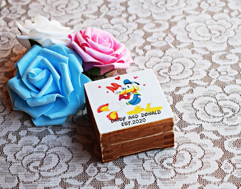 mini wooden box wedding gift box engagement ring holder Disney wedding inspired Daisy and Donald ring box ring bearer box proposal box