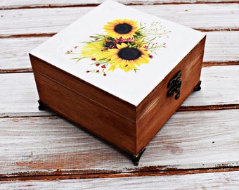 Sunflower jewelry box, wooden storage box, Floral jewellery box, Sunflower wedding, home decor, wooden wedding gift, gift for her, trinket