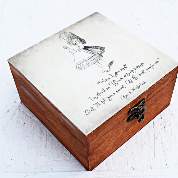 Alice in wonderland gift box, wooden jewelry box, curioser keepsake memory box, Alice storage box,photos box, nursery box, anniversary gift