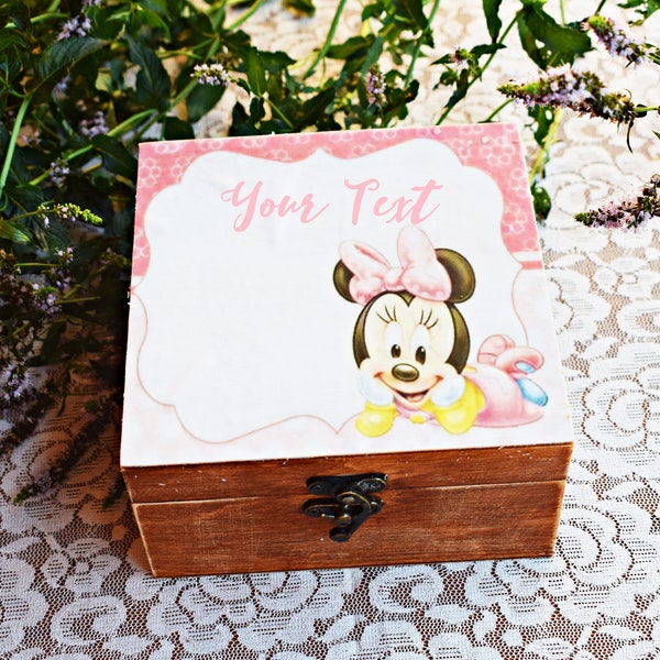 Disney Minnie baby shower box, Minnie mouse nursery gift, Disney party wooden gift box, Birthday decor, custom keepsake memory baby gift box