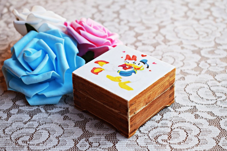 mini wooden box wedding gift box engagement ring holder Disney wedding inspired Daisy and Donald ring box ring bearer box proposal box