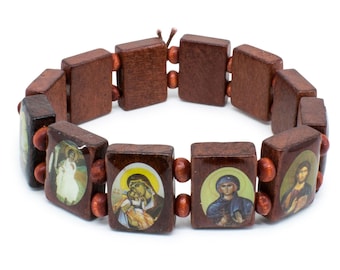 Pulsera de madera marrón con icono ortodoxo