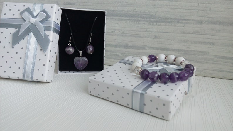 Amethyst 10mm Jewelry set White Coral 10mm Natural stone Amethyst earrings 12mm Stone pendant Cord necklace Women Valentine day gift