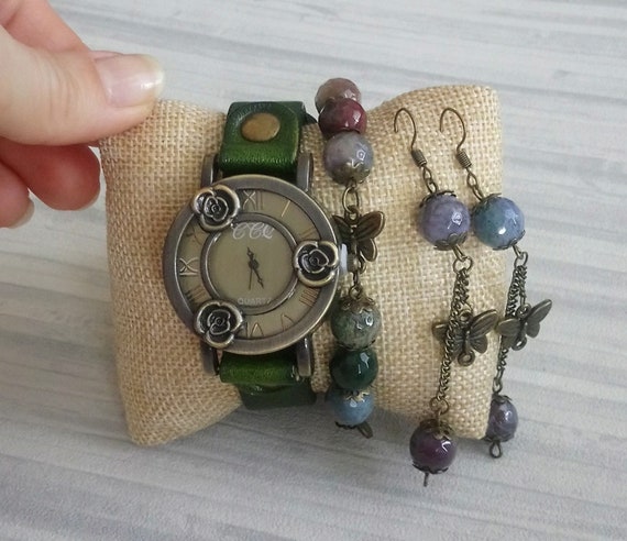 Faceted Indian Agate 10mm Jewelry Set Trendy Woman Bronze 