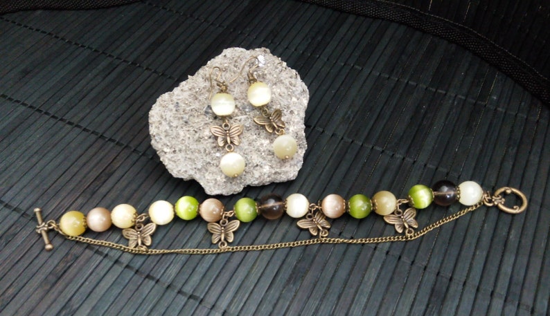 Antique Bronze Butterfly Woman Jewelry Set Natural stone bracelet Cat eye 10mm Smooky Quartz 10mm Chakra bracelet Vintage bronze bracelet