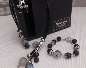 Stylish Woman Natural stone Jewelry set Black Tourmaline Bracelet Dragon Agate 14mm Women necklace Fashion Woman bracelet Wrist bracelet