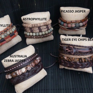 Mehrschichtig Mode Herren Flechtarmbänder Herren Naturstein Leder Armbänder Picasso Jaspis Astrophyllit Tigerauge Vatertagsgeschenk