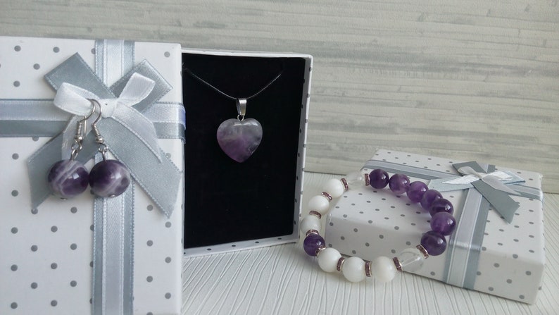 Amethyst 10mm Jewelry set White Coral 10mm Natural stone Amethyst earrings 12mm Stone pendant Cord necklace Women Valentine day gift