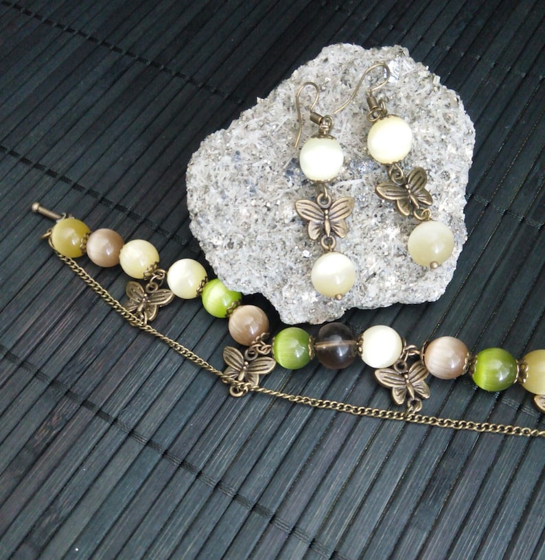 Antique Bronze Butterfly Woman Jewelry Set Natural stone bracelet Cat eye 10mm Smooky Quartz 10mm Chakra bracelet Vintage bronze bracelet