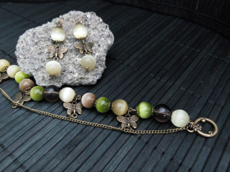 Antique Bronze Butterfly Woman Jewelry Set Natural stone bracelet Cat eye 10mm Smooky Quartz 10mm Chakra bracelet Vintage bronze bracelet