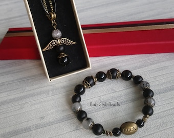 Vintage women bracelet set Women boho jewelry Black onyx bracelet Bronze necklace Boho Angel necklace Black cord necklace Boho jewelry