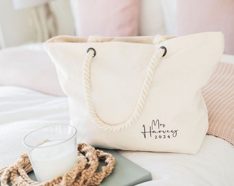 Embroidered Honeymoon Beach Bag, Personalised tote bag, hen party bride gift, travel bag