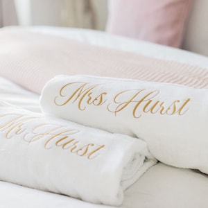 Custom Beach Towel, Personalised embroidered towel, bride gift, travel towels, bride and groom, Mr & Mrs, Wedding beach towels
