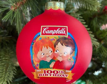 Campbell’s Soup Kids Glass Ball Christmas Ornament 100th Birthday 1904-2004 Iconic Classic Vintage Great for Collectors
