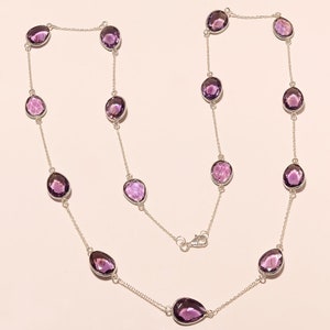 23 Gm Natural Amethyst Cut Gemstone Necklace, 925 Sterling Silver Wedding Necklace Faceted Amethyst Stone Jewelry Necklace Size 31.5&quot; I-1258