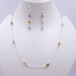 Natural Multi Cut Oval Gemstone Bezel Necklace,925 Sterling Silver Wedding Necklace, Faceted Multi Cut Handmade Necklace Size-20.75&quot; M-3992