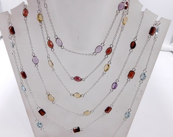 Natural Multi Faceted Stone Necklace 925 Sterling Silver Wedding Necklace Faceted Multi Stone Silver Necklace Handmade Jewelry Size 30" M726