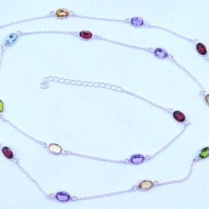 8.50 Gm Natural Multi Stone Bezel Necklace, 925 Sterling Silver Wedding Necklace, Faceted Multi Stone Silver Handmade Necklace M-139