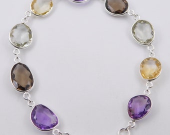 10 Gm Natural Multi Cut Stone Bracelet, 925 Sterling Silver Wedding Bracelet,Faceted Multi Cut Stone Silver Bracelet Handmade Jewelry M-3015