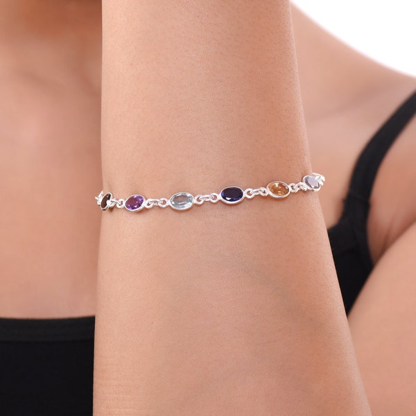 Bracelet multi-coupe naturel de 5,80 Gm, bracelet de mariage en argent sterling 925, bracelet multi-pierres précieuses à facettes fait à la main taille 7,5 « à 8,5 » pouces J-55